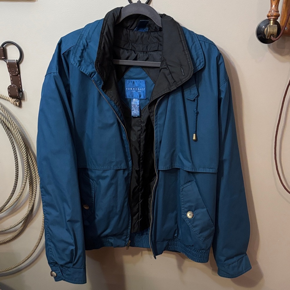 Men's Teal and Black Windbreaker Jacket With Quilted Removable Lining - Size M